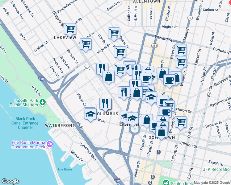 map of restaurants, bars, coffee shops, grocery stores, and more near 171 Niagara Street in Buffalo
