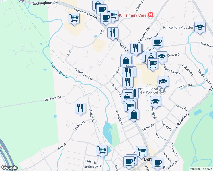 map of restaurants, bars, coffee shops, grocery stores, and more near 90 Franklin Street in Derry
