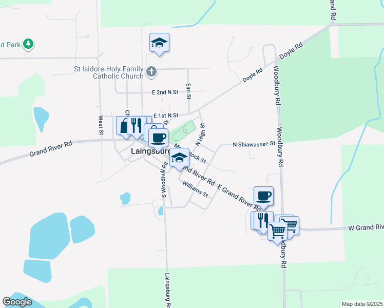 map of restaurants, bars, coffee shops, grocery stores, and more near 112 North High Street in Laingsburg