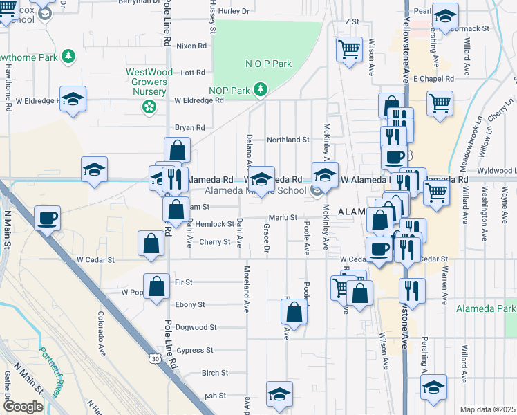 map of restaurants, bars, coffee shops, grocery stores, and more near 800 Grace Drive in Pocatello