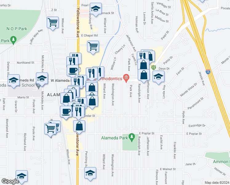 map of restaurants, bars, coffee shops, grocery stores, and more near 828 Washington Avenue in Pocatello