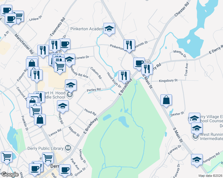 map of restaurants, bars, coffee shops, grocery stores, and more near 6 Perley Road in Derry