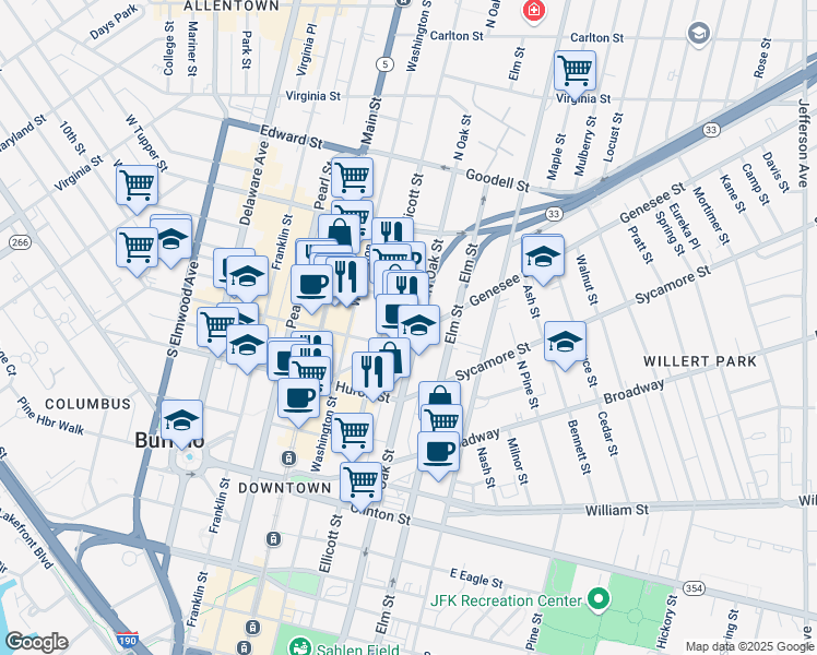 map of restaurants, bars, coffee shops, grocery stores, and more near 111 Genesee Street in Buffalo