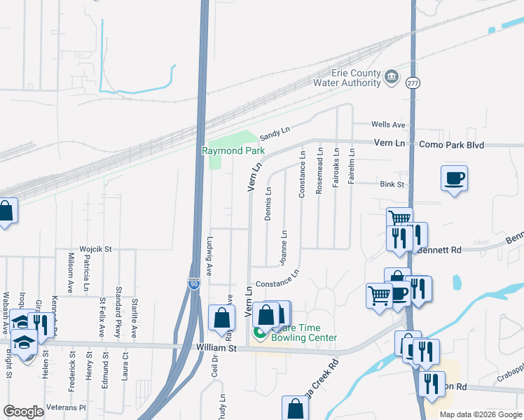 map of restaurants, bars, coffee shops, grocery stores, and more near 21 Dennis Lane in Buffalo