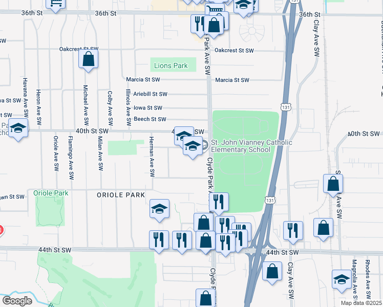map of restaurants, bars, coffee shops, grocery stores, and more near 4101 Clyde Park Avenue Southwest in Wyoming
