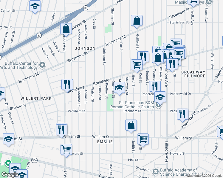 map of restaurants, bars, coffee shops, grocery stores, and more near 230 Sherman Street in Buffalo