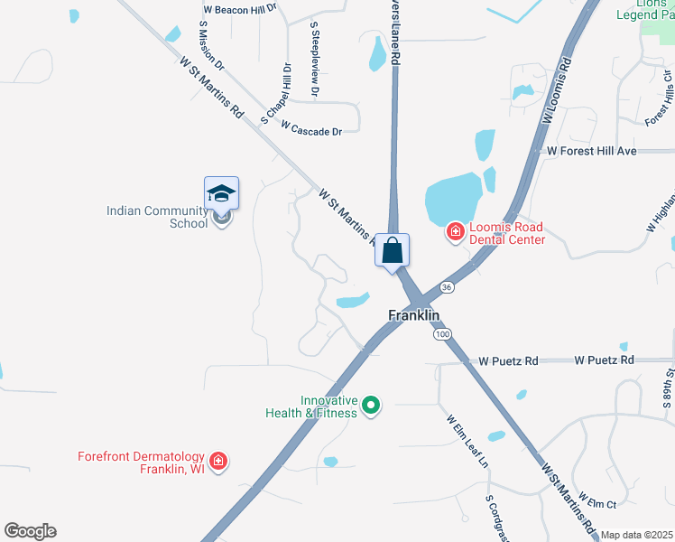 map of restaurants, bars, coffee shops, grocery stores, and more near 10202 West Deerwood Lane in Franklin