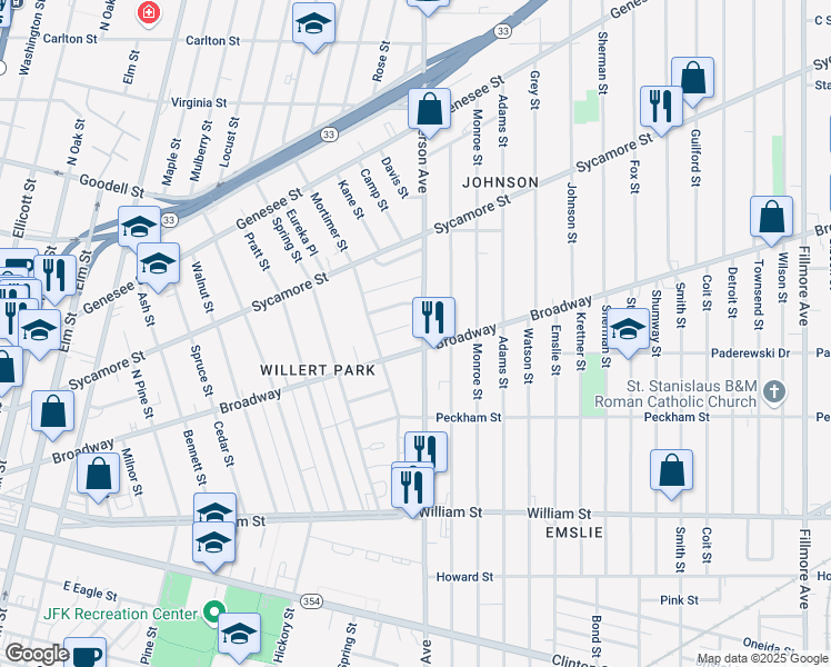 map of restaurants, bars, coffee shops, grocery stores, and more near 511 Broadway in Buffalo