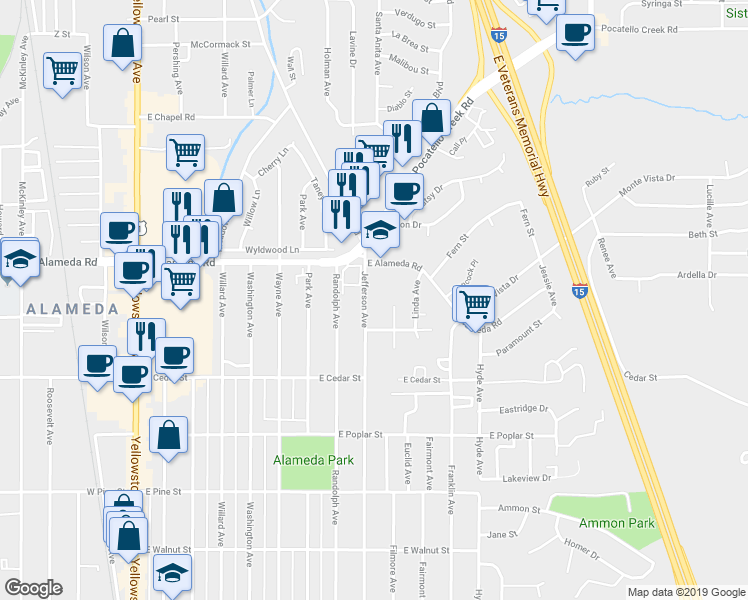 map of restaurants, bars, coffee shops, grocery stores, and more near 826 Jefferson Avenue in Pocatello