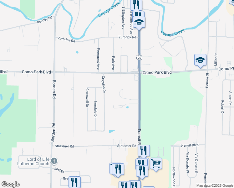 map of restaurants, bars, coffee shops, grocery stores, and more near 5060 Transit Road in Depew