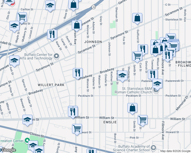 map of restaurants, bars, coffee shops, grocery stores, and more near 343 Adams Street in Buffalo