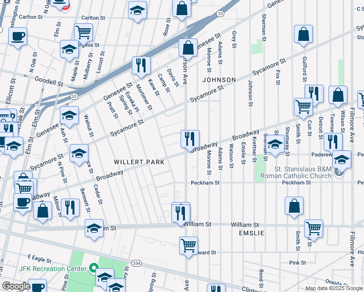 map of restaurants, bars, coffee shops, grocery stores, and more near 511 Broadway in Buffalo