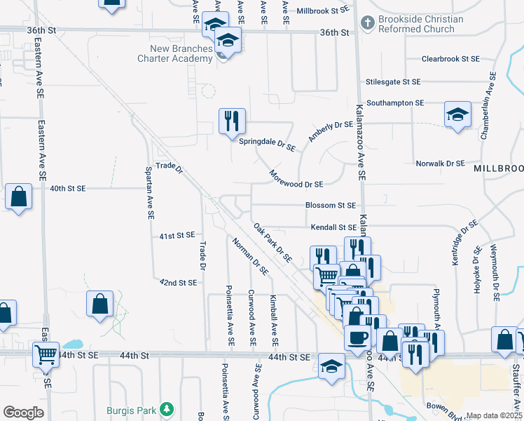 map of restaurants, bars, coffee shops, grocery stores, and more near 1333 Kendall Street Southeast in Grand Rapids