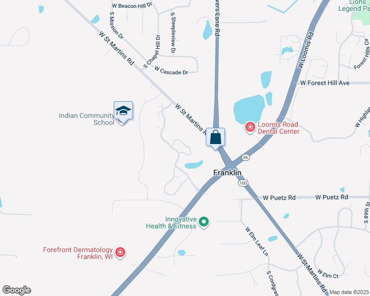 map of restaurants, bars, coffee shops, grocery stores, and more near 10202 West Deerwood Lane in Franklin