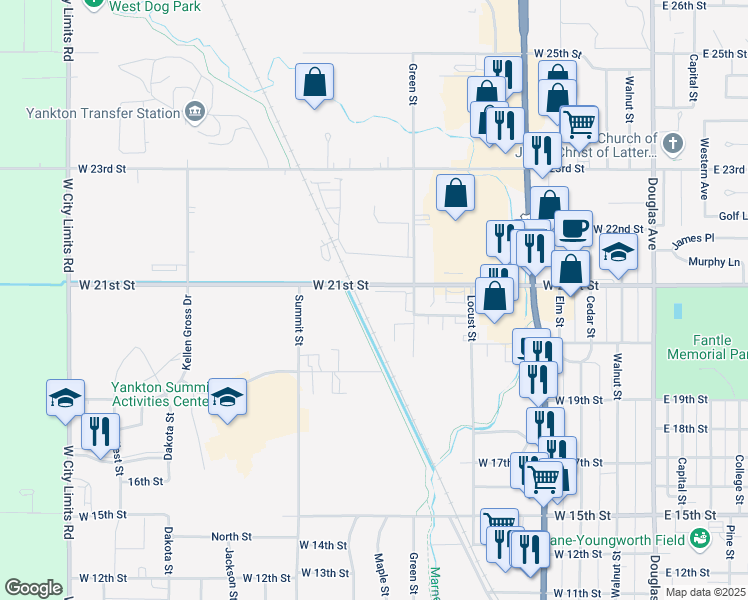 map of restaurants, bars, coffee shops, grocery stores, and more near 701-863 West 21st Street in Yankton