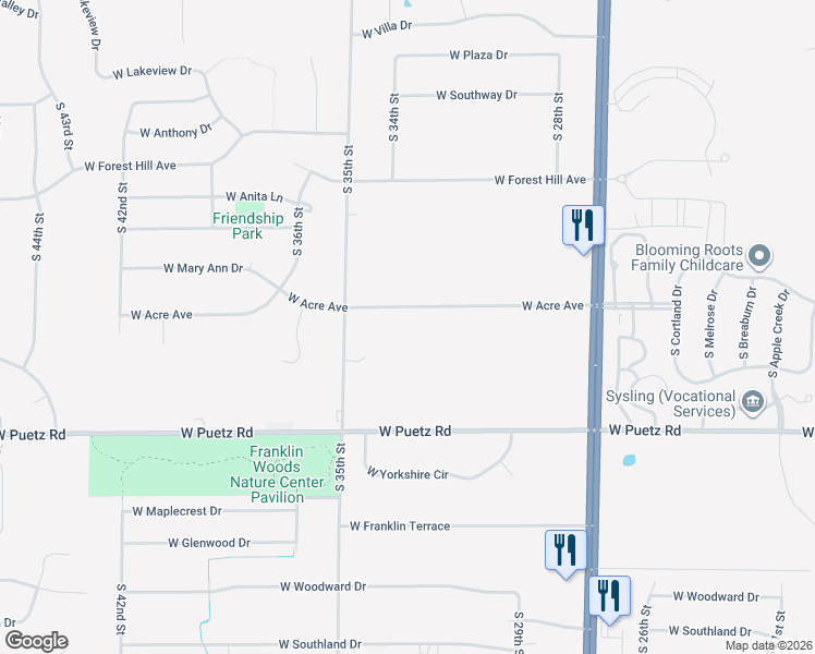 map of restaurants, bars, coffee shops, grocery stores, and more near 8560 South 35th Street in Franklin