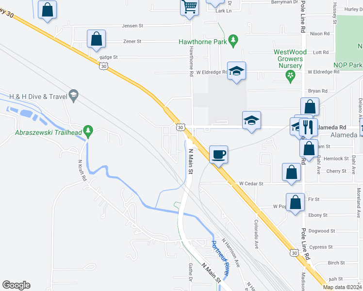 map of restaurants, bars, coffee shops, grocery stores, and more near 222 Hoffman Avenue in Pocatello