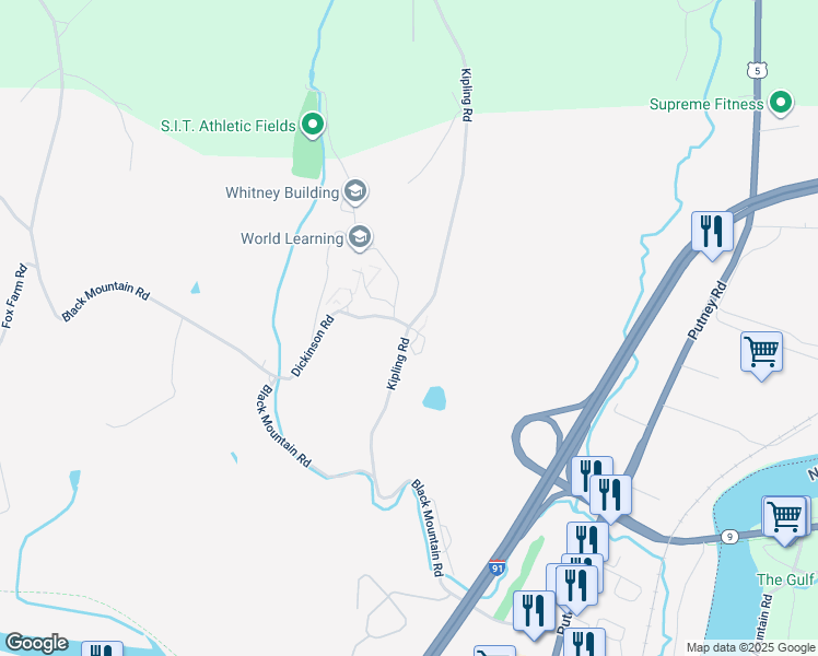 map of restaurants, bars, coffee shops, grocery stores, and more near Kipling Rd & Dickinson Rd in Brattleboro
