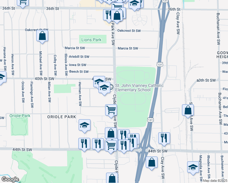 map of restaurants, bars, coffee shops, grocery stores, and more near 4101 Clyde Park Avenue Southwest in Wyoming