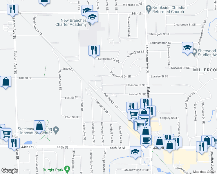 map of restaurants, bars, coffee shops, grocery stores, and more near 1340 Blossom Street Southeast in Grand Rapids
