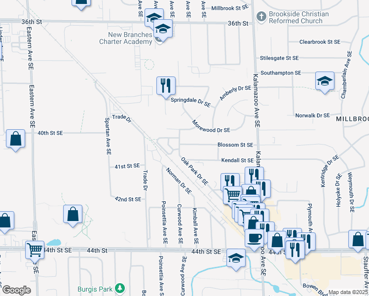 map of restaurants, bars, coffee shops, grocery stores, and more near 1320 Blossom Street Southeast in Grand Rapids