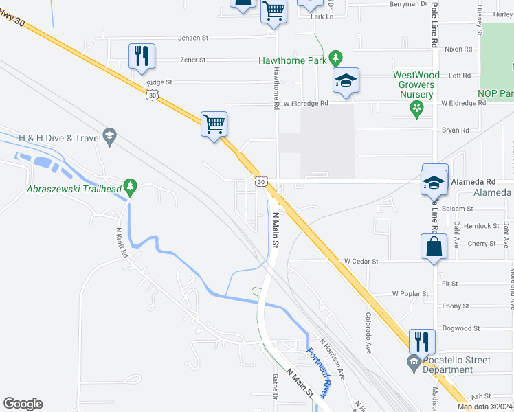 map of restaurants, bars, coffee shops, grocery stores, and more near 224 Hoffman Avenue in Pocatello