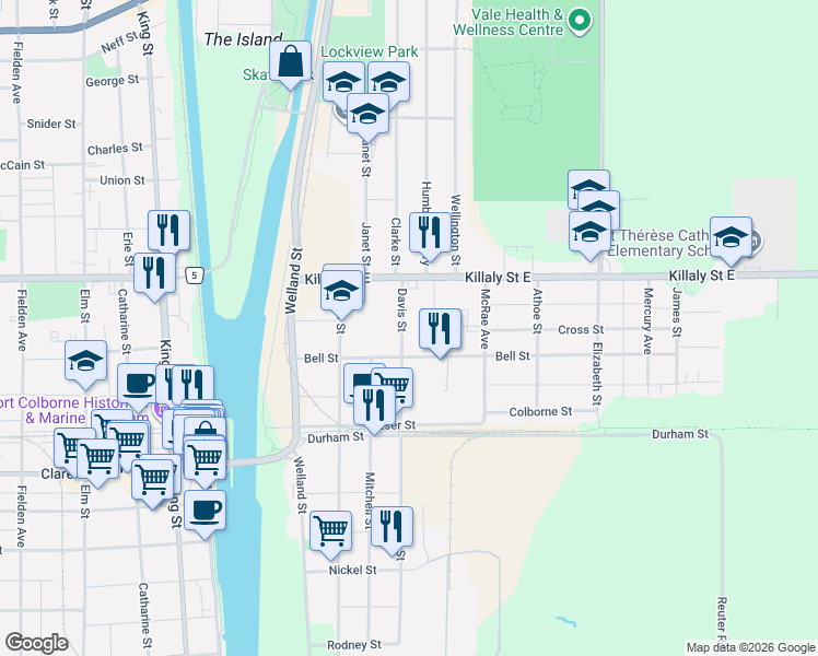 map of restaurants, bars, coffee shops, grocery stores, and more near 435 Davis Street in Port Colborne