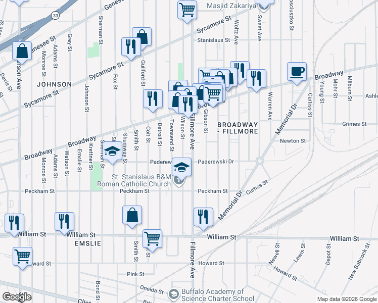 map of restaurants, bars, coffee shops, grocery stores, and more near 662 Fillmore Avenue in Buffalo