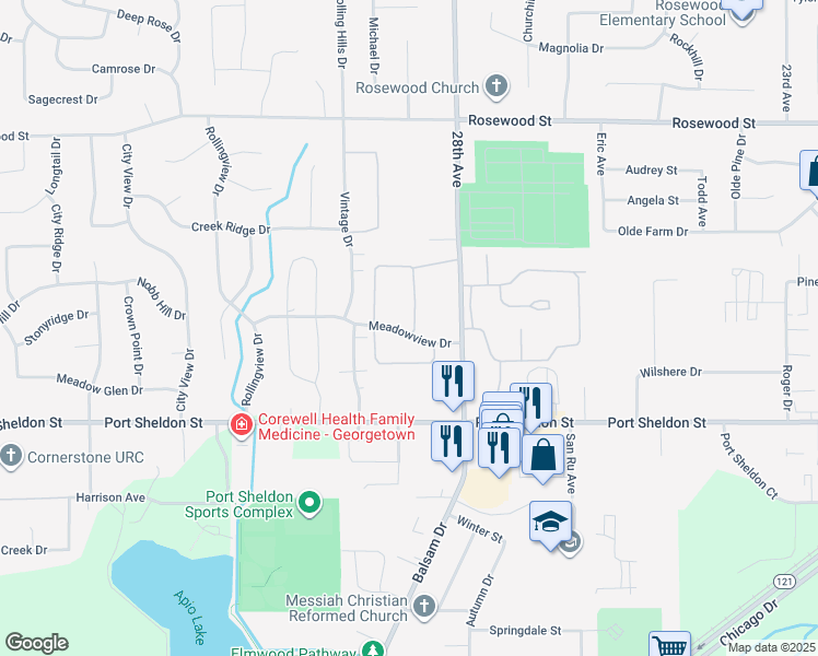 map of restaurants, bars, coffee shops, grocery stores, and more near 6687 North Wentward Court in Hudsonville