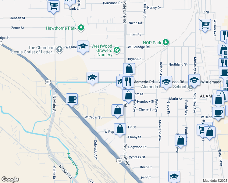 map of restaurants, bars, coffee shops, grocery stores, and more near 3115 Pole Line Road in Pocatello