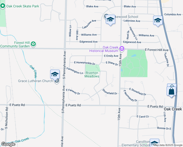 map of restaurants, bars, coffee shops, grocery stores, and more near 2999 East Honeysuckle Drive in Oak Creek