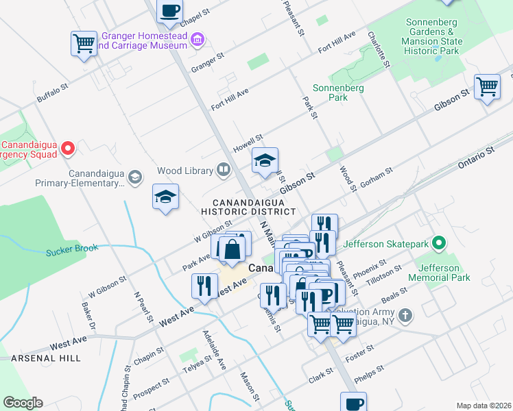 map of restaurants, bars, coffee shops, grocery stores, and more near 95 North Main Street in Canandaigua