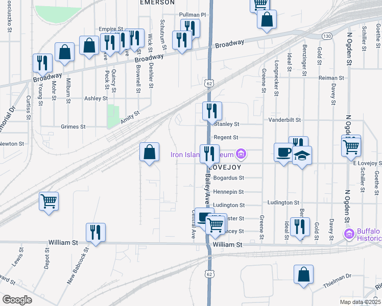 map of restaurants, bars, coffee shops, grocery stores, and more near 224 Central Avenue in Buffalo