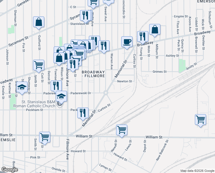 map of restaurants, bars, coffee shops, grocery stores, and more near 48 Sweet Avenue in Buffalo