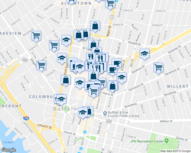 map of restaurants, bars, coffee shops, grocery stores, and more near 622 Main Street in Buffalo
