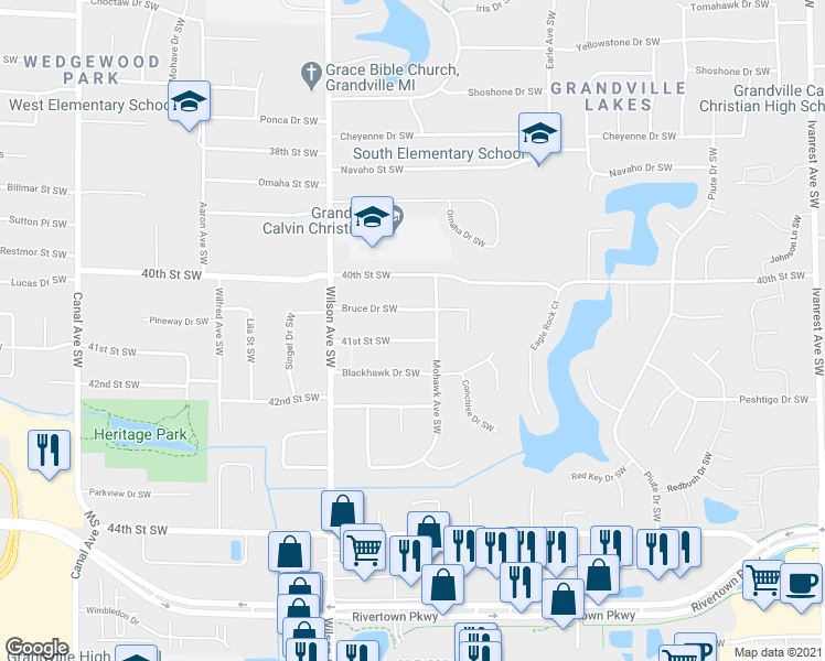 map of restaurants, bars, coffee shops, grocery stores, and more near 3885 41st Street Southwest in Grandville