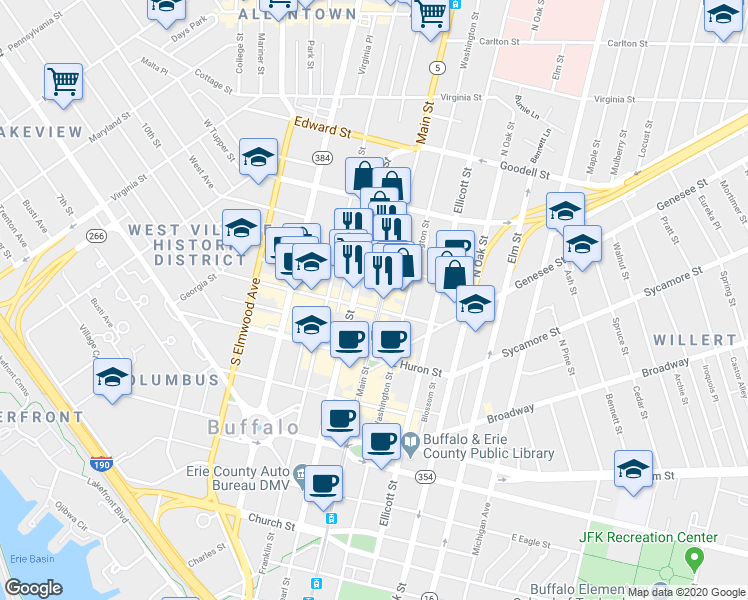 map of restaurants, bars, coffee shops, grocery stores, and more near 600 Main Street in Buffalo