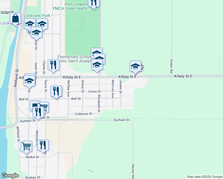 map of restaurants, bars, coffee shops, grocery stores, and more near 160 Cross Street in Port Colborne
