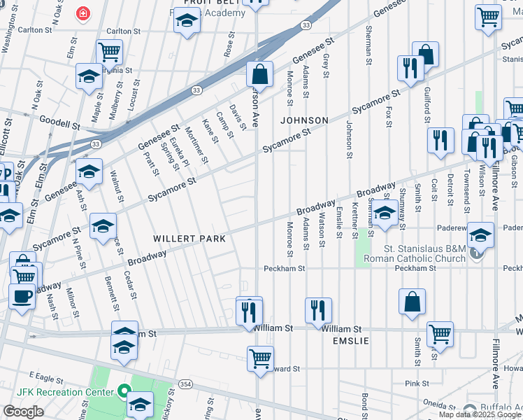 map of restaurants, bars, coffee shops, grocery stores, and more near 567 Jefferson Avenue in Buffalo