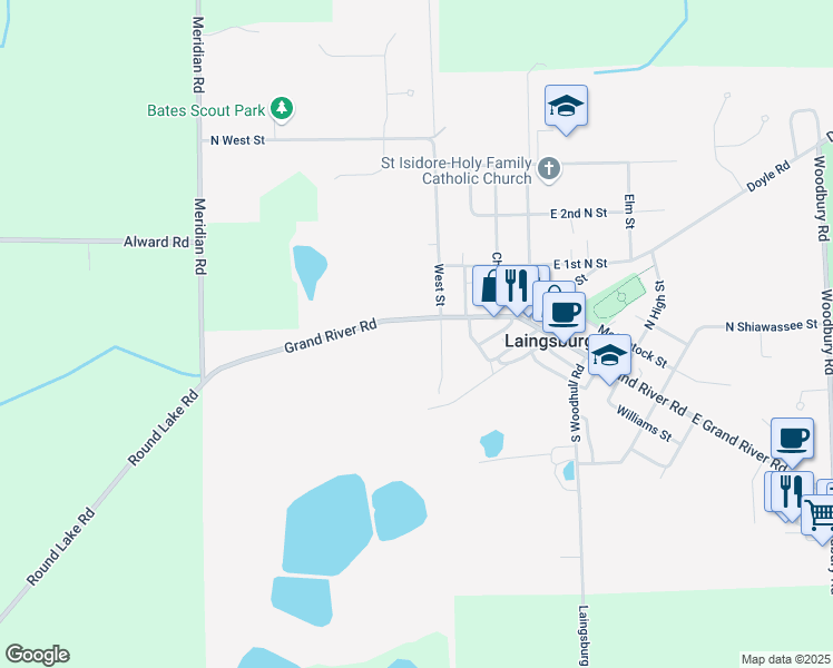 map of restaurants, bars, coffee shops, grocery stores, and more near 414 West Grand River Road in Laingsburg