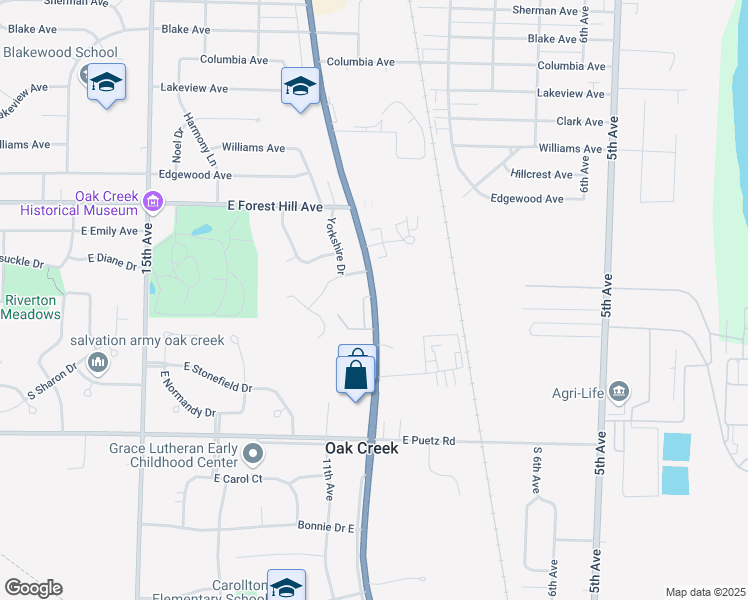 map of restaurants, bars, coffee shops, grocery stores, and more near 8396 South Chicago Road in Oak Creek