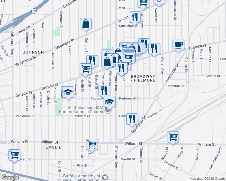 map of restaurants, bars, coffee shops, grocery stores, and more near 662 Fillmore Avenue in Buffalo