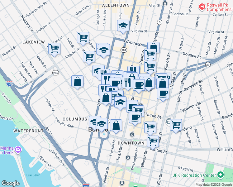 map of restaurants, bars, coffee shops, grocery stores, and more near 83 West Chippewa Street in Buffalo