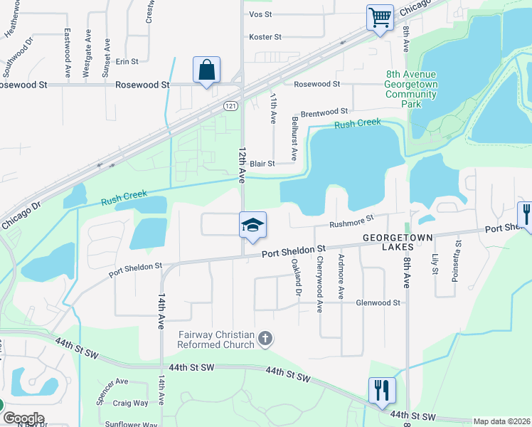 map of restaurants, bars, coffee shops, grocery stores, and more near 1195 Port Sheldon Street in Georgetown Township