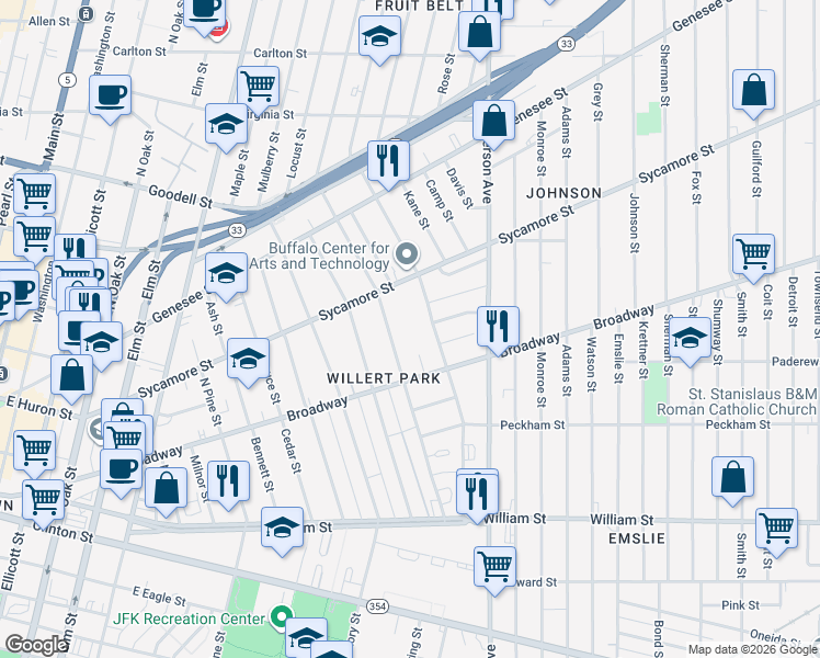 map of restaurants, bars, coffee shops, grocery stores, and more near 490 Broadway in Buffalo
