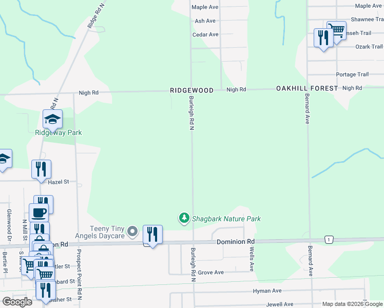 map of restaurants, bars, coffee shops, grocery stores, and more near 355-569 Burleigh Road North in Fort Erie