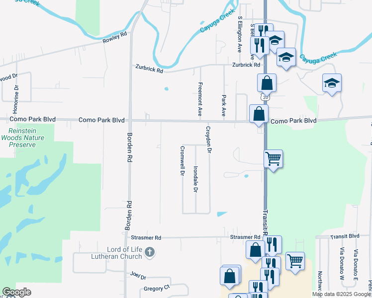 map of restaurants, bars, coffee shops, grocery stores, and more near 24 Cromwell Drive in Depew