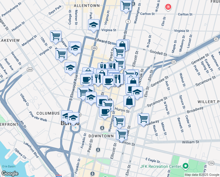 map of restaurants, bars, coffee shops, grocery stores, and more near 622 Main Street in Buffalo