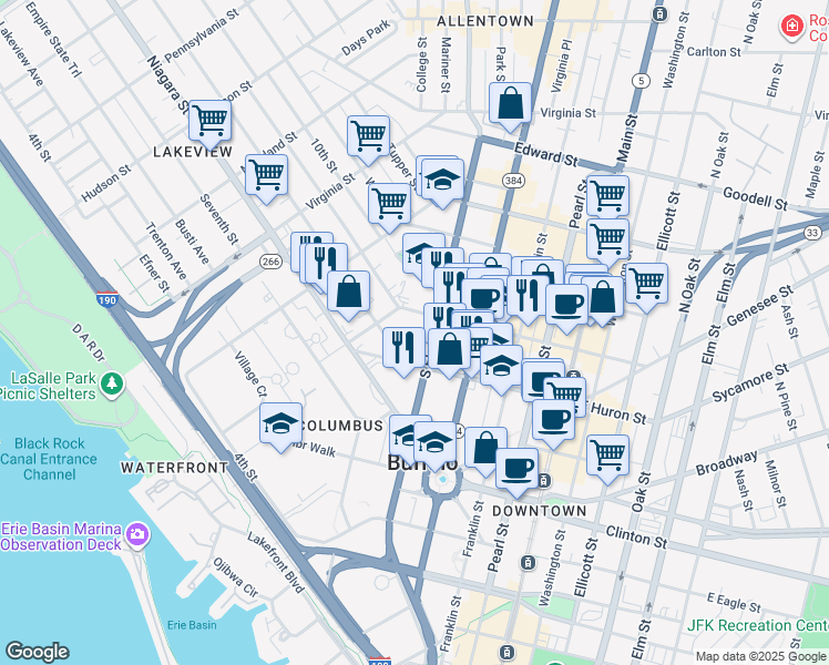 map of restaurants, bars, coffee shops, grocery stores, and more near 166 West Chippewa Street in Buffalo