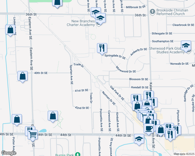 map of restaurants, bars, coffee shops, grocery stores, and more near 1208 Richwood Drive Southeast in Grand Rapids